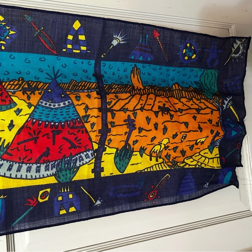 Colorful Novelty Print Scarf Teepee Indian Landscape Canoes Red Blue Multi 14x50